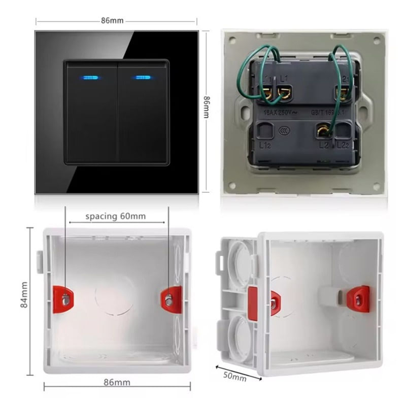 Intrerupator Dublu Cap Scara Cu Panou Din Sticla Securizata Techstar® TGS 01, 220V, 16A, 86 X 86 Mm, Negru, cu 2 Module - 3 | YEO