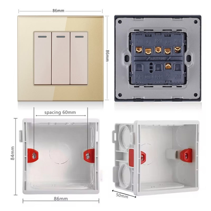 Intrerupator Triplu Cap Scara Cu Panou Din Sticla Securizata Techstar® TGS 01, 220V, 16A, 86 X 86 Mm, Gri, cu 3 Faze