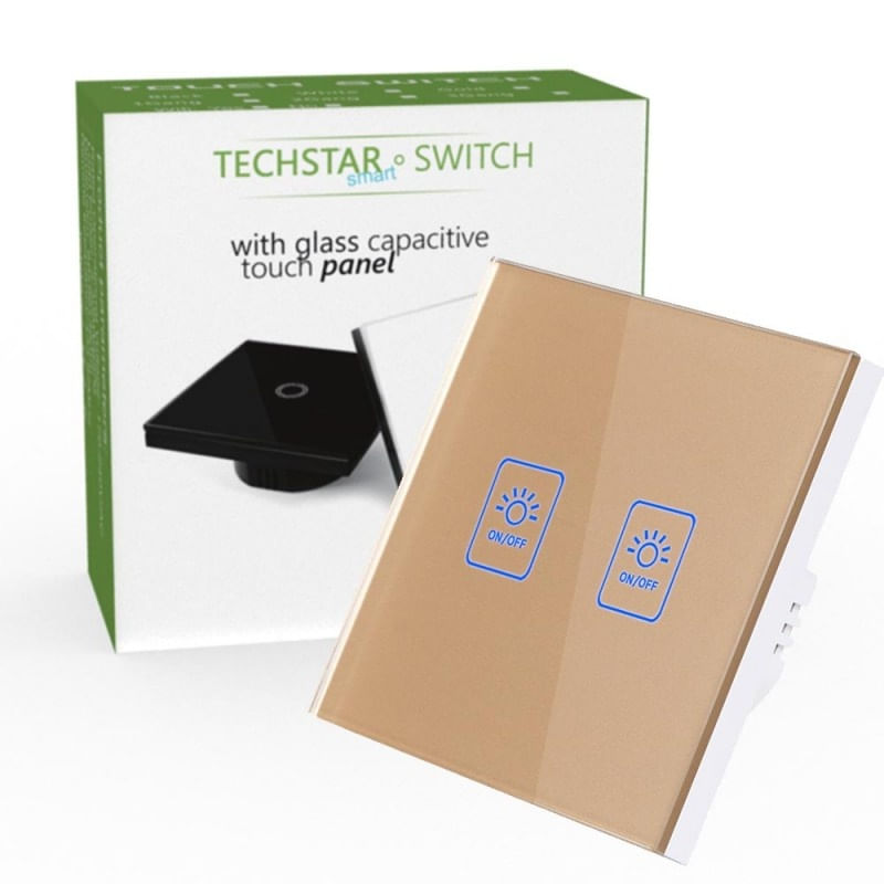 Intrerupator Touch Techstar® TG02, Sticla Securizata, Design Modern, Iluminare LED, 2 Faze, Auriu - 1 | YEO