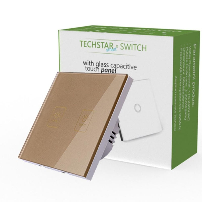 Intrerupator Touch Techstar® TG02, Sticla Securizata, Design Modern, Iluminare LED, 2 Faze, Auriu