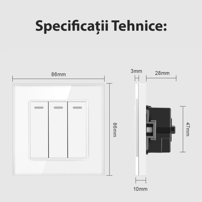 Intrerupator Triplu Cap Scara Cu Panou Din Sticla Securizata Techstar® TGS 01, 220V, 16A, 86 X 86 Mm, Negru, cu 3 Faze - 4 | YEO