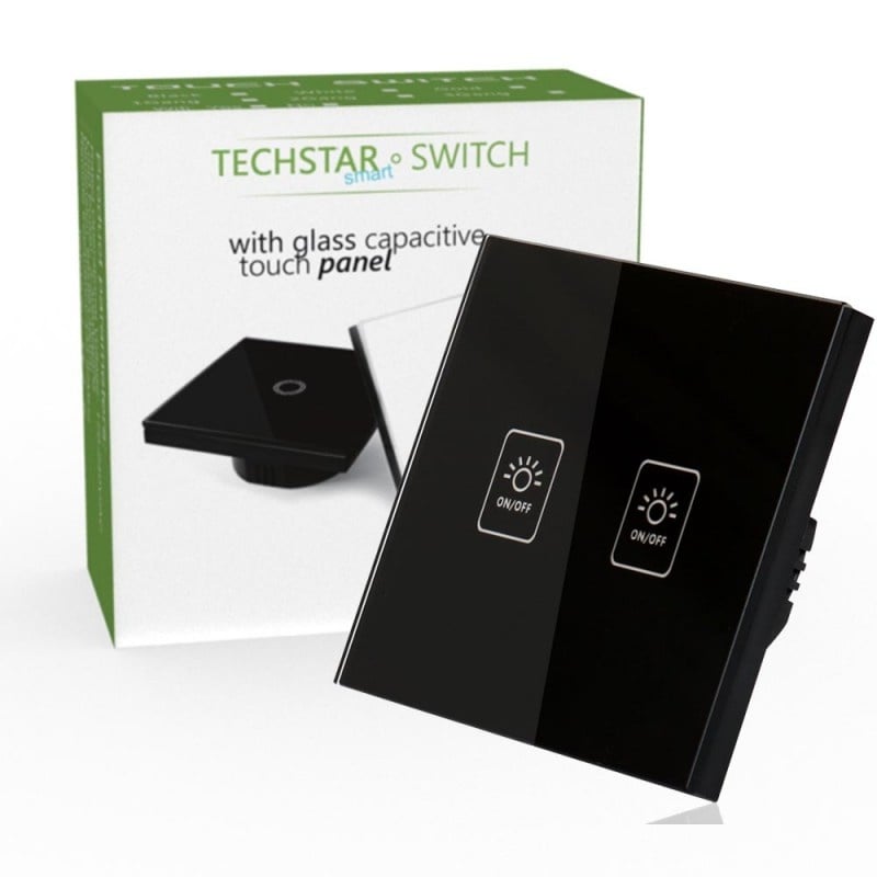 Intrerupator Touch Techstar® TG02, Sticla Securizata, Design Modern, Iluminare LED, 2 Faze, Negru - 1 | YEO