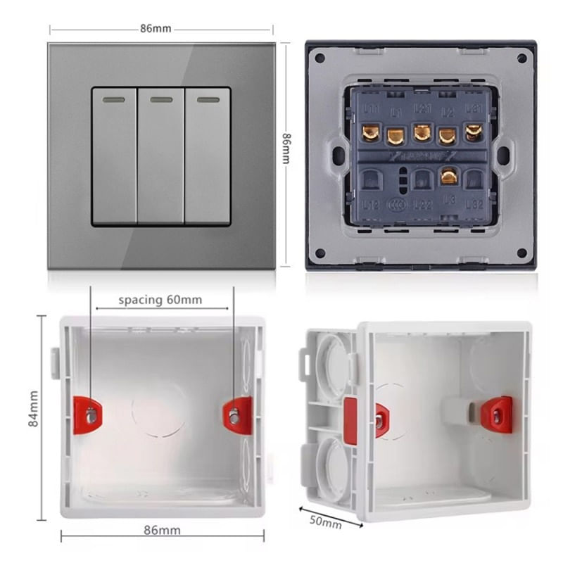 Intrerupator Triplu Cap Scara Cu Panou Din Sticla Securizata Techstar® TGS 01, 220V, 16A, 86 X 86 Mm, Gri, cu 3 Faze