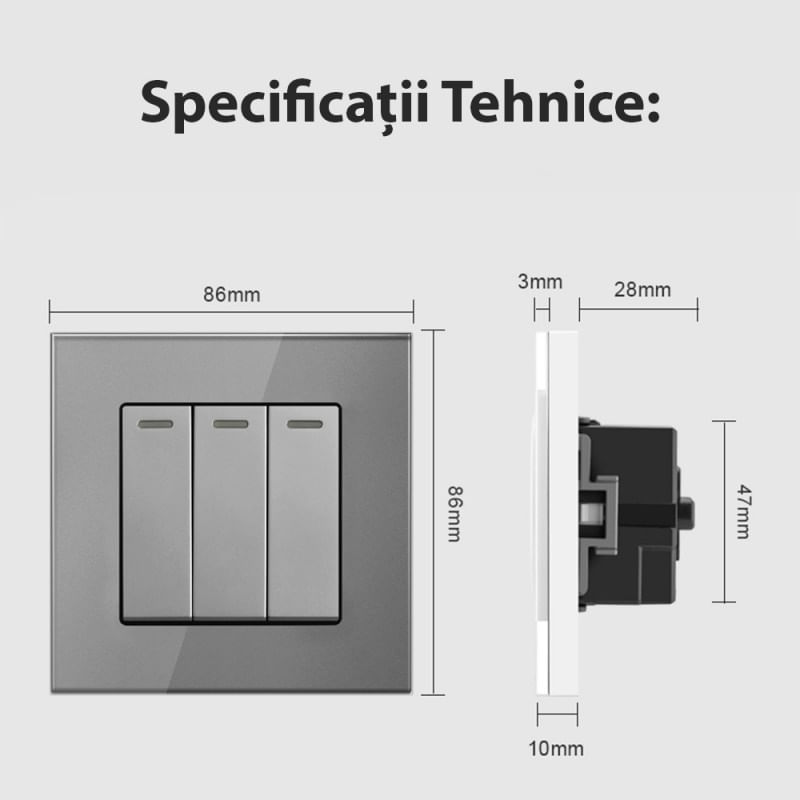 Intrerupator Triplu Cap Scara Cu Panou Din Sticla Securizata Techstar® TGS 01, 220V, 16A, 86 X 86 Mm, Gri, cu 3 Faze - 2 | YEO