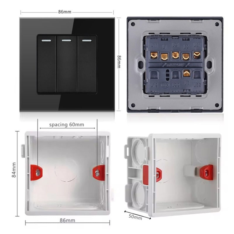 Intrerupator Triplu Cap Scara Cu Panou Din Sticla Securizata Techstar® TGS 01, 220V, 16A, 86 X 86 Mm, Negru, cu 3 Faze