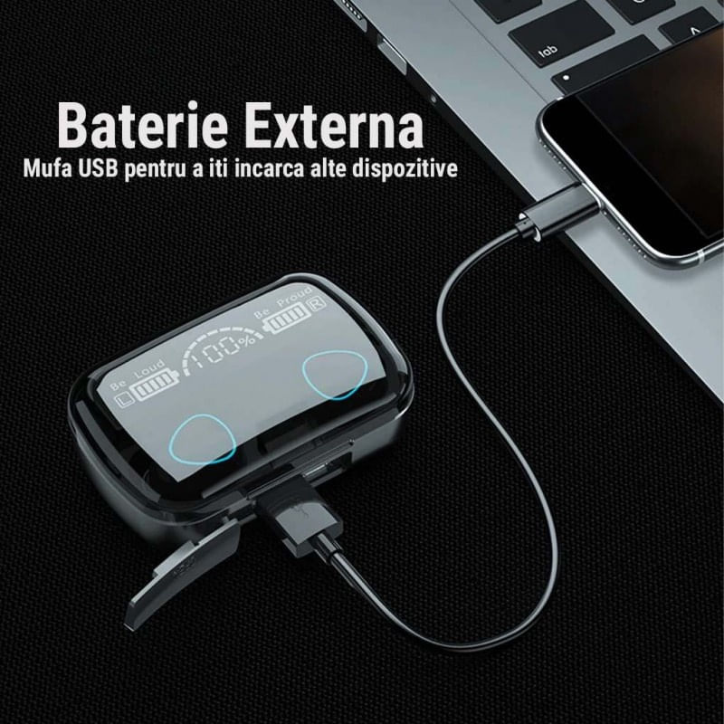 Casti Smart Techstar® M10, Wireless, Bluetooth V5.1, Touch, Display Digital, 2000mAh, pentru iPhone Xiaomi Huawei, Negru - 4 | YEO