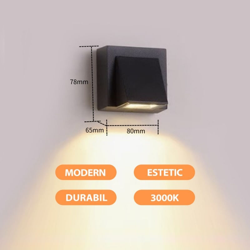 Aplica LED De Perete Pentru Exterior Techstar® CM-DM-BD01, Putere 3W, Culoare Lumina 3000K, 400 lm, 8 x 8 Cm, IP 65 - 3 | YEO