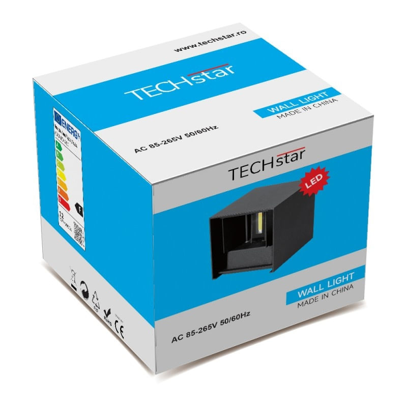 Aplica LED De Perete Interior/Exterior Techstar®, Putere 6W, Culoare Lumina 4000K, 600 Lm, 10x10 Cm, IP 65, Negru - 4 | YEO