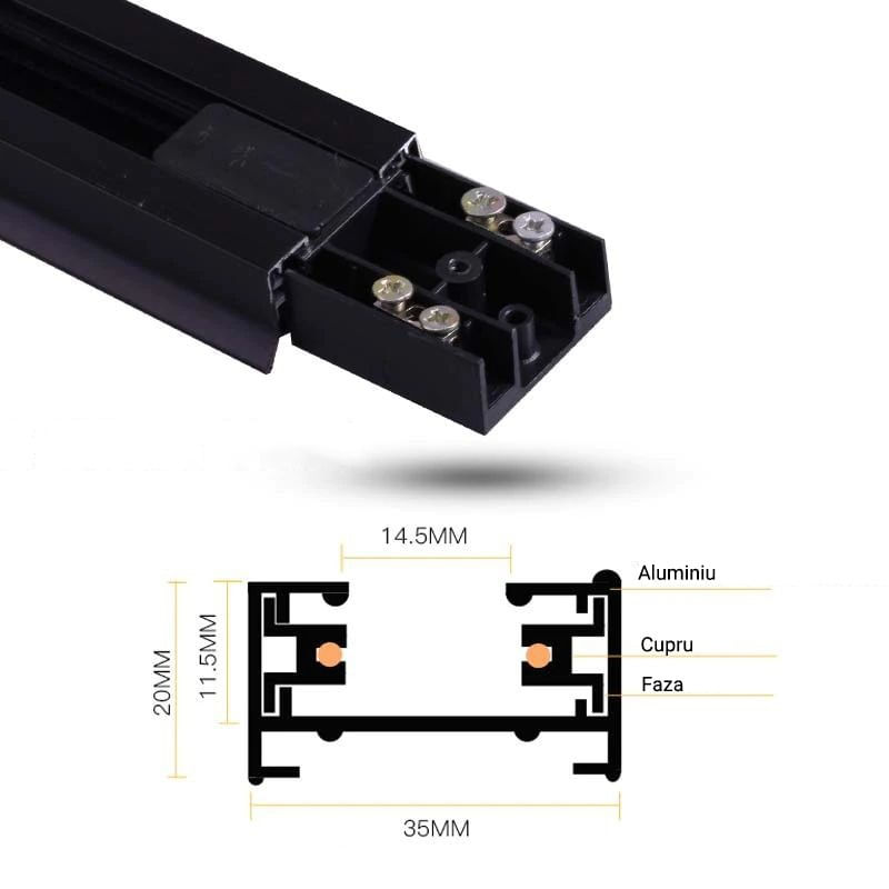 Sina pentru Spoturi Techstar® RailRacks, Monofazata Tip L, Corp Aluminiu, 50cm, Negru
