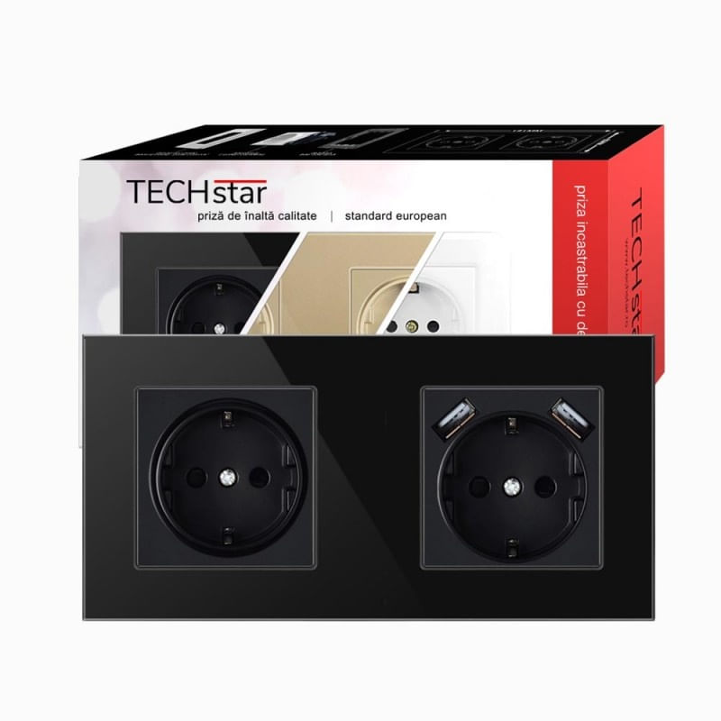 Priza Techstar® Crystal TSU2, Dubla, 2 x USB, 2.1 A, Culoare Negru Onyx, Sticla Securizata, 16A