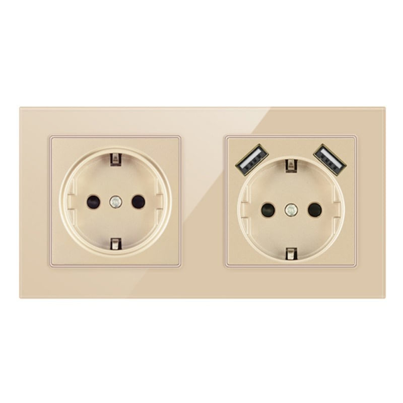 Priza Dubla De Perete Cu 2 Porturi USB Si Panou Din Sticla Techstar® TS-G, 110-250V, 16A, Ignifuga, 80x151mm, Auriu