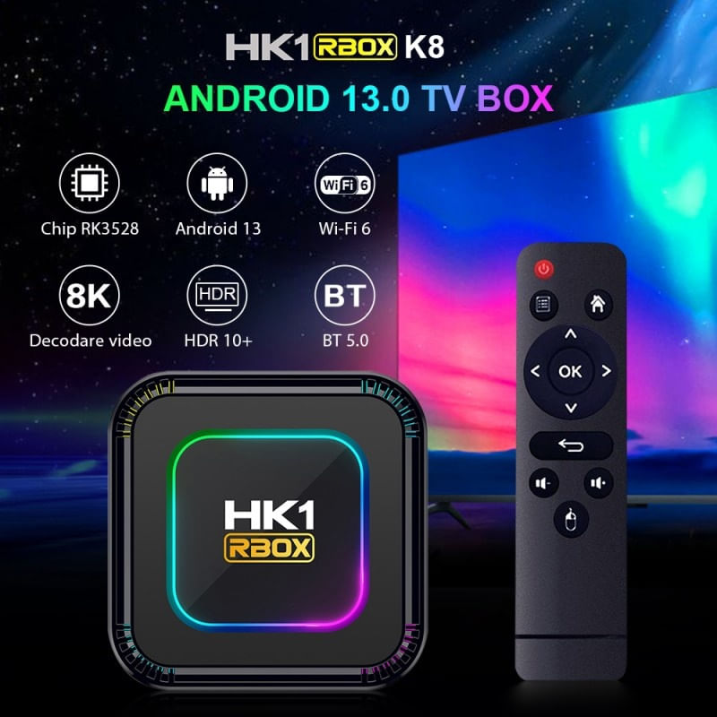 TV Box Techstar® HK1 K8 RK3528 Smart Media Player, 8K, RAM 4GB, ROM 32GB, Bluetooth 5.0, Android 13, RK3528 Quad Core