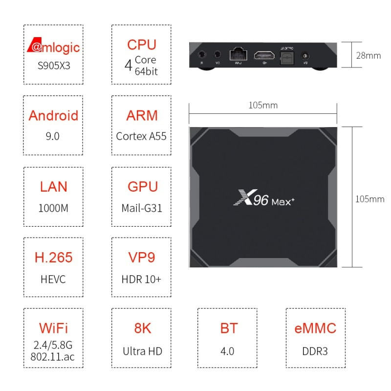 Mini PC Tv Box Techstar® X96 Max+, Procesor 3xS905, Android 9, UHD 8K, 4GB RAM LPDDR4, 32GB ROM, WiFi DualBand