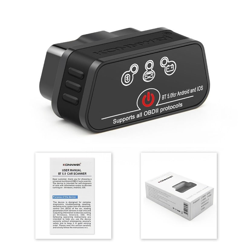 Diagnoza auto OBD2 KONNWEI KW901, Bluetooth 5.0, Buton ON-OFF, compatibil Android iOS, ELM 327 OBDII, Negru