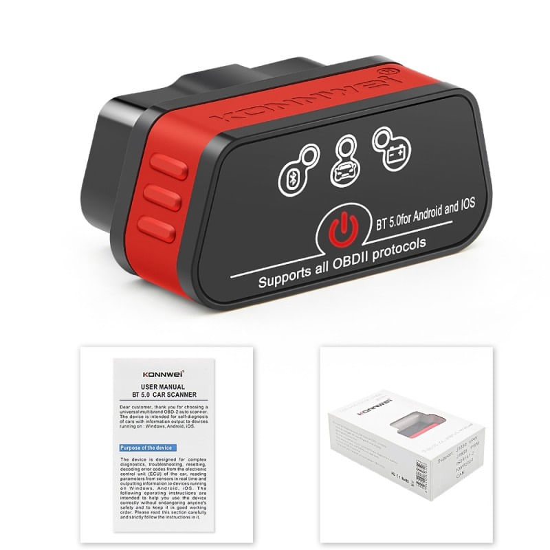 Diagnoza auto OBD2 KONNWEI KW901, Bluetooth 5.0, Buton ON-OFF, compatibil Android iOS, ELM 327 OBDII, Negru/Rosu
