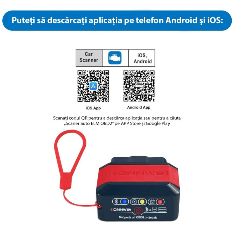 Diagnoza Auto OBD2 KONNWEI KW906, Bluetooth 5.0, Buton ON-OFF, Compatibil Android IOS, ELM 327 OBDII, Orange - 3 | YEO