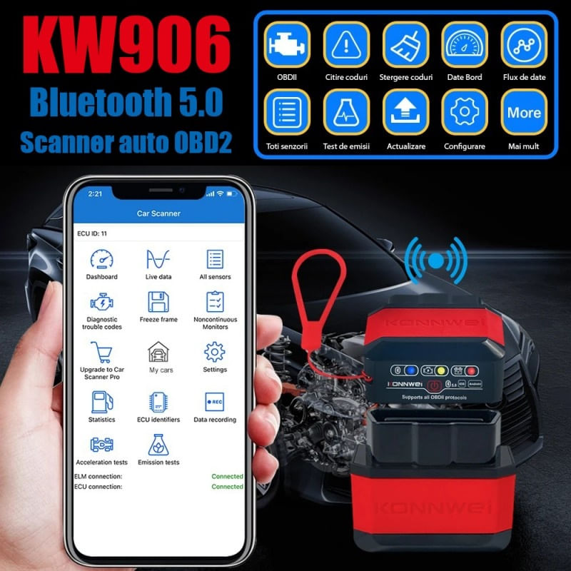 Diagnoza Auto OBD2 KONNWEI KW906, Bluetooth 5.0, Buton ON-OFF, Compatibil Android IOS, ELM 327 OBDII, Orange - 4 | YEO