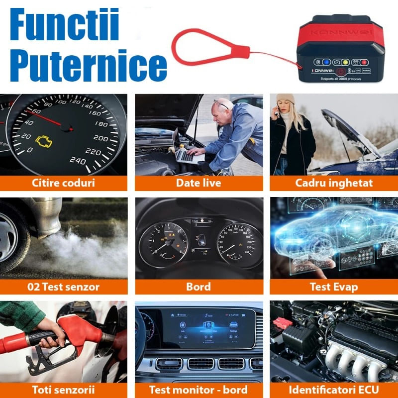 Diagnoza Auto OBD2 KONNWEI KW905, Bluetooth 5.0, Buton ON-OFF, Compatibil Android IOS, ELM 327 OBDII, Rosu - 4 | YEO