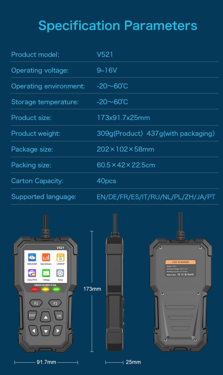 Tester Diagnoza Multimarca Techstar V521, Scanner OBD2 EOBD CAN, Citeste peste 4000 coduri eroare, ARM 32-bit Cortex-M3 - 4 | YEO