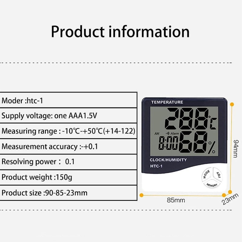 Termometru si higrometru digital de camera Techstar® HTC-1, afisare Ora, Temperatura, Umiditate, Alb