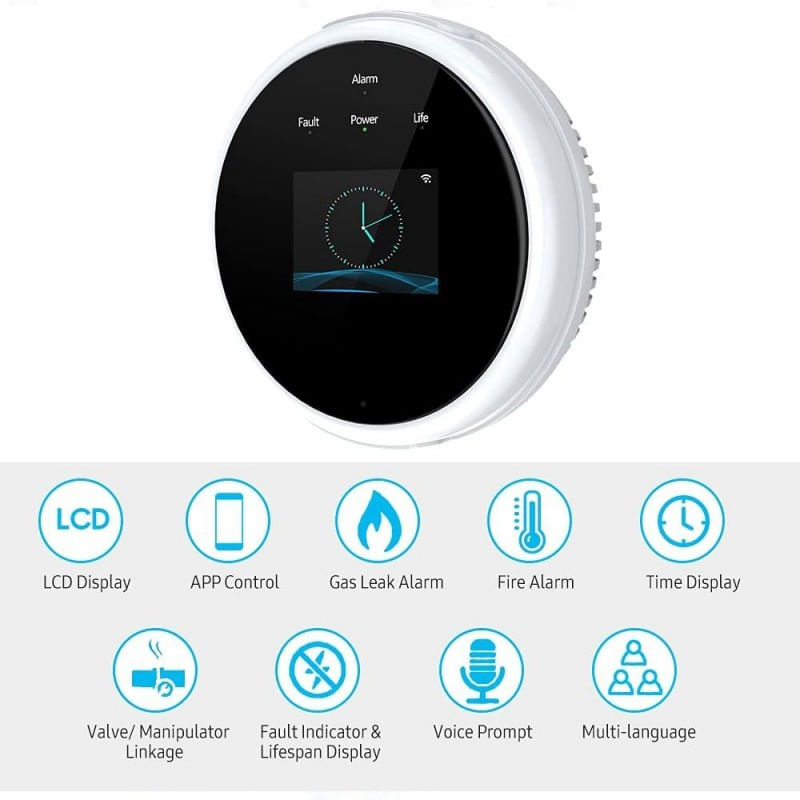 Detector de scurgeri de gaz si alarma de incendiu Techstar®, Wi-Fi, 200mA, Afisaj LCD, Control APP Smart Life - 1 | YEO