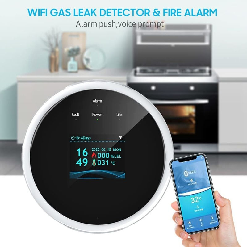 Detector de scurgeri de gaz si alarma de incendiu Techstar®, Wi-Fi, 200mA, Afisaj LCD, Control APP Smart Life - 2 | YEO