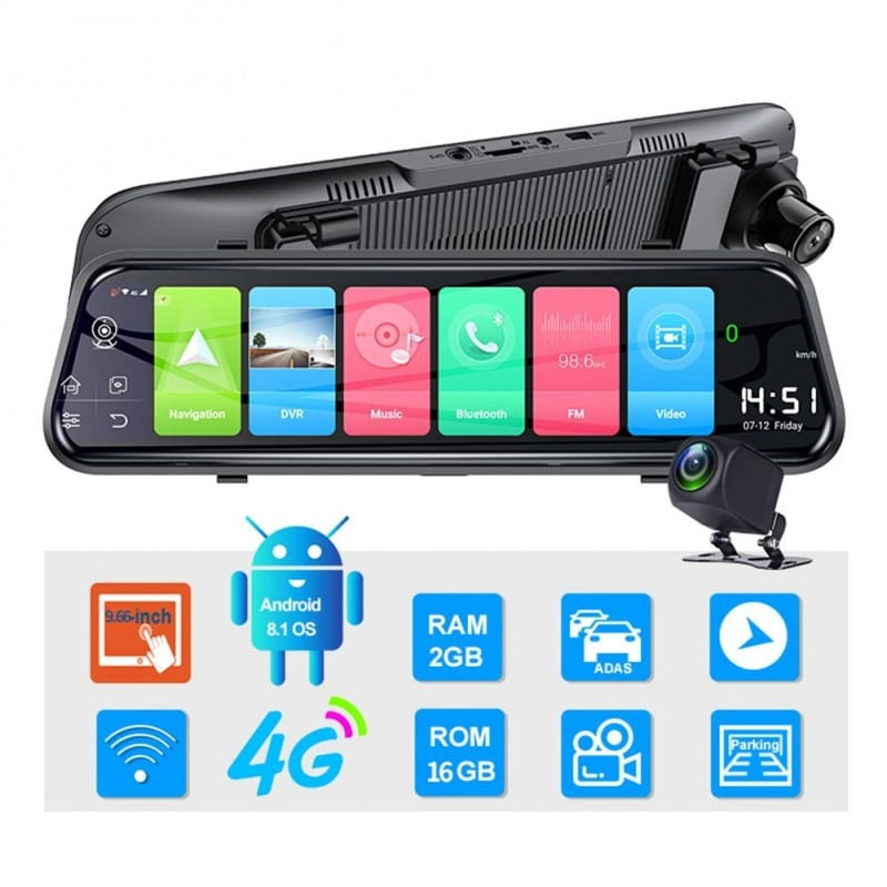 Camera Auto Dubla Tip Oglinda Techstar® Z9 Plus, Android 8.1, 4G si WiFi, 9.66