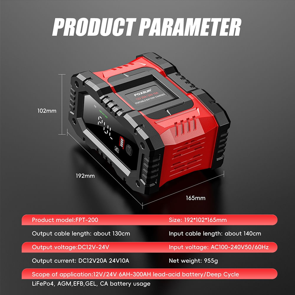Redresor Auto Digital Foxsur FPT-200, Incarcator Automat 12V/24V 20A pentru Baterii 6Ah-300Ah, Ecran LCD