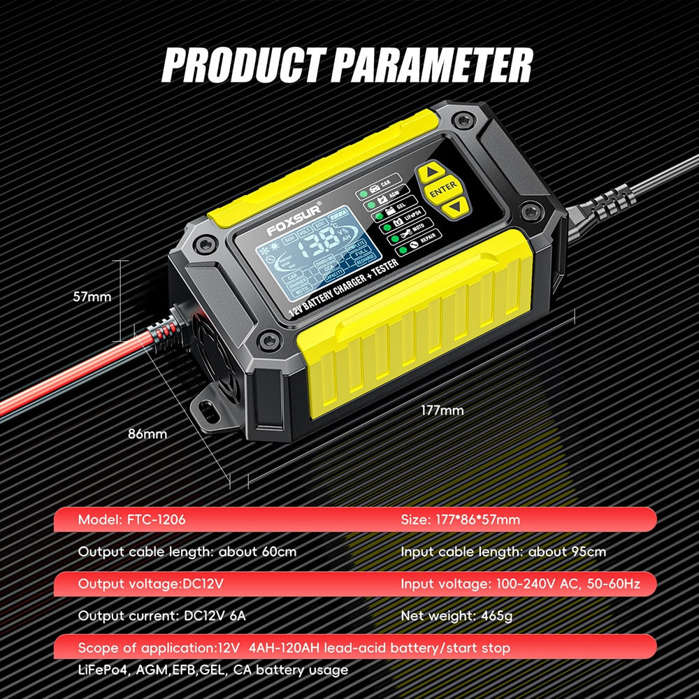 Incarcator si Tester Baterie FOXSUR FTC-1206 2-in-1, 12V/6A – Redresor Inteligent pentru Baterii Auto si Moto