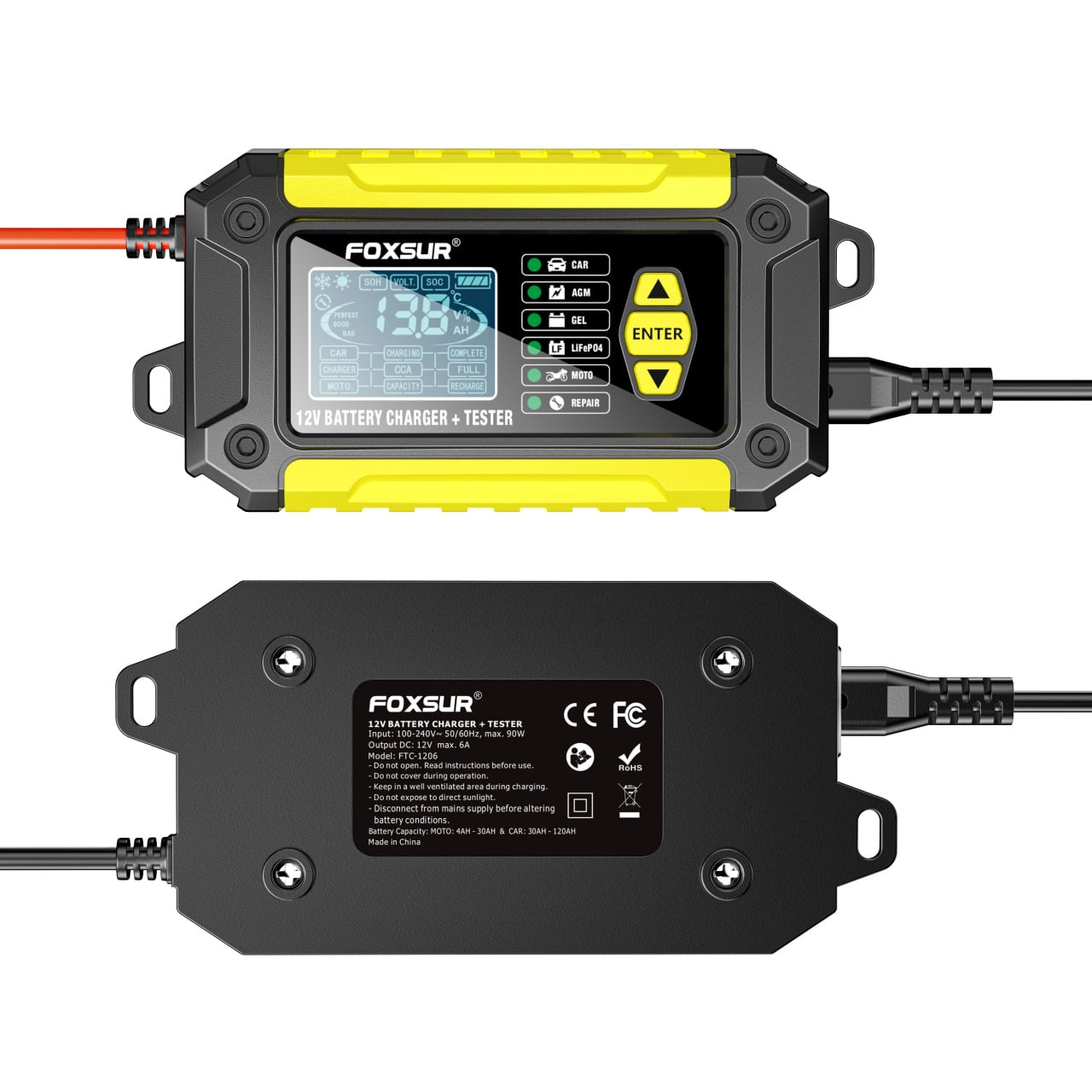 Incarcator si Tester Baterie FOXSUR FTC-1206 2-in-1, 12V/6A – Redresor Inteligent pentru Baterii Auto si Moto - 1 | YEO