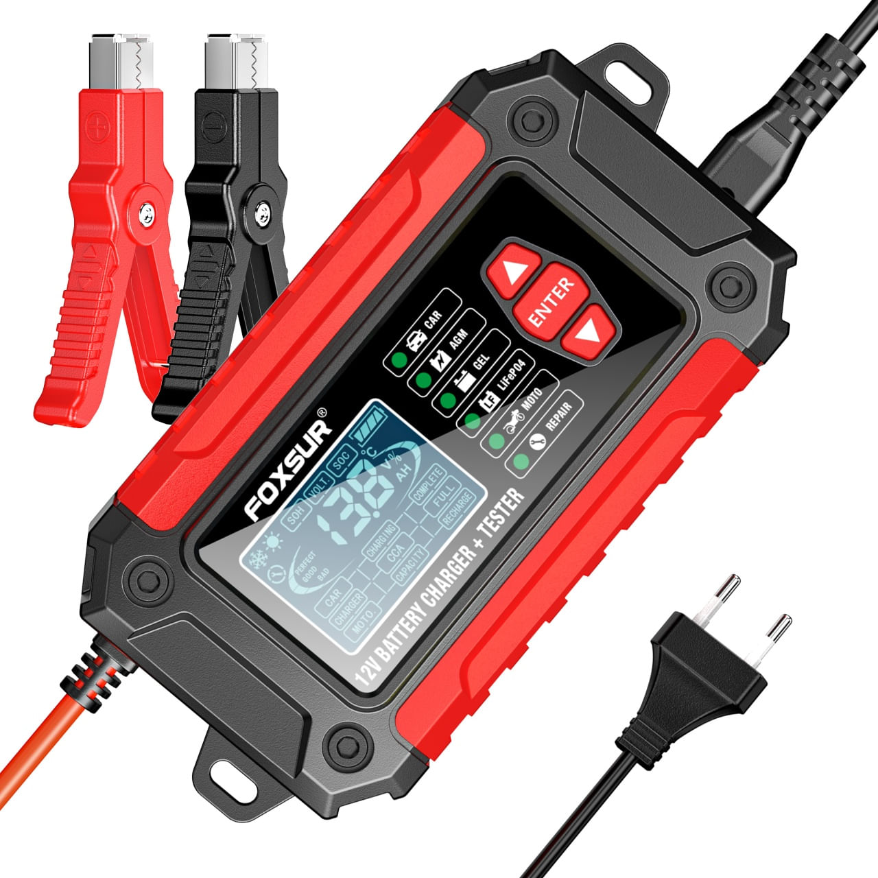 Incarcator si Tester Baterie FOXSUR FTC-1206 2-in-1, 12V/6A – Redresor Inteligent pentru Baterii Auto si Moto