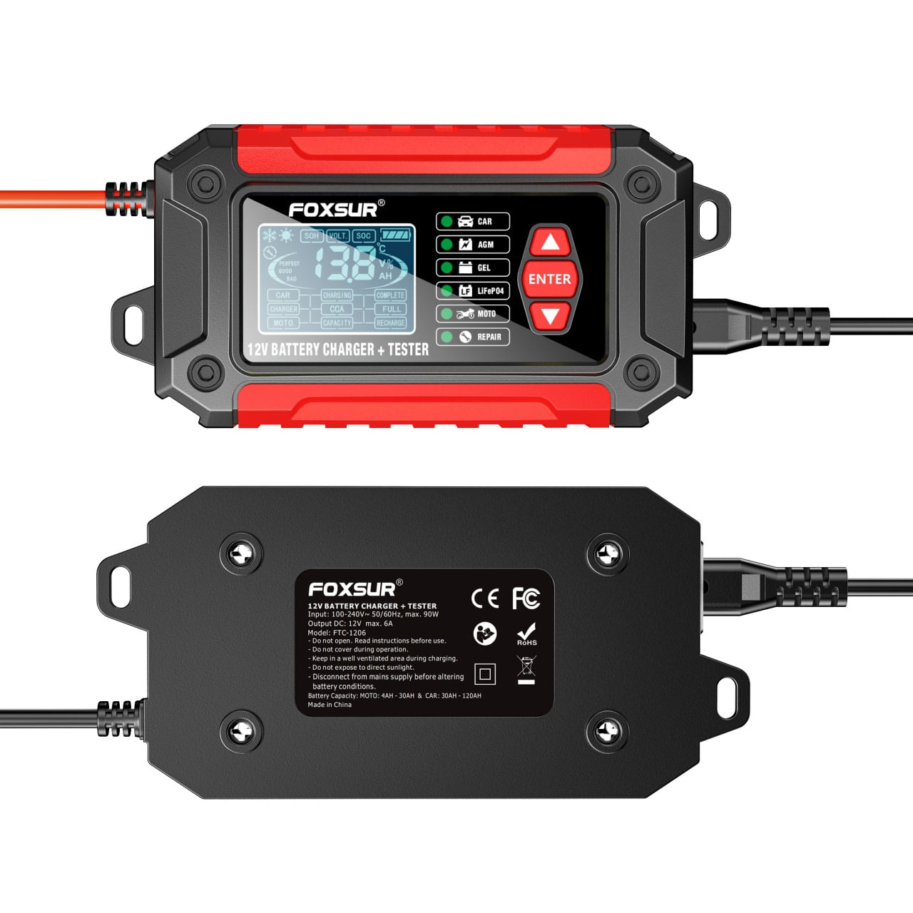 Incarcator si Tester Baterie FOXSUR FTC-1206 2-in-1, 12V/6A – Redresor Inteligent pentru Baterii Auto si Moto - 1 | YEO