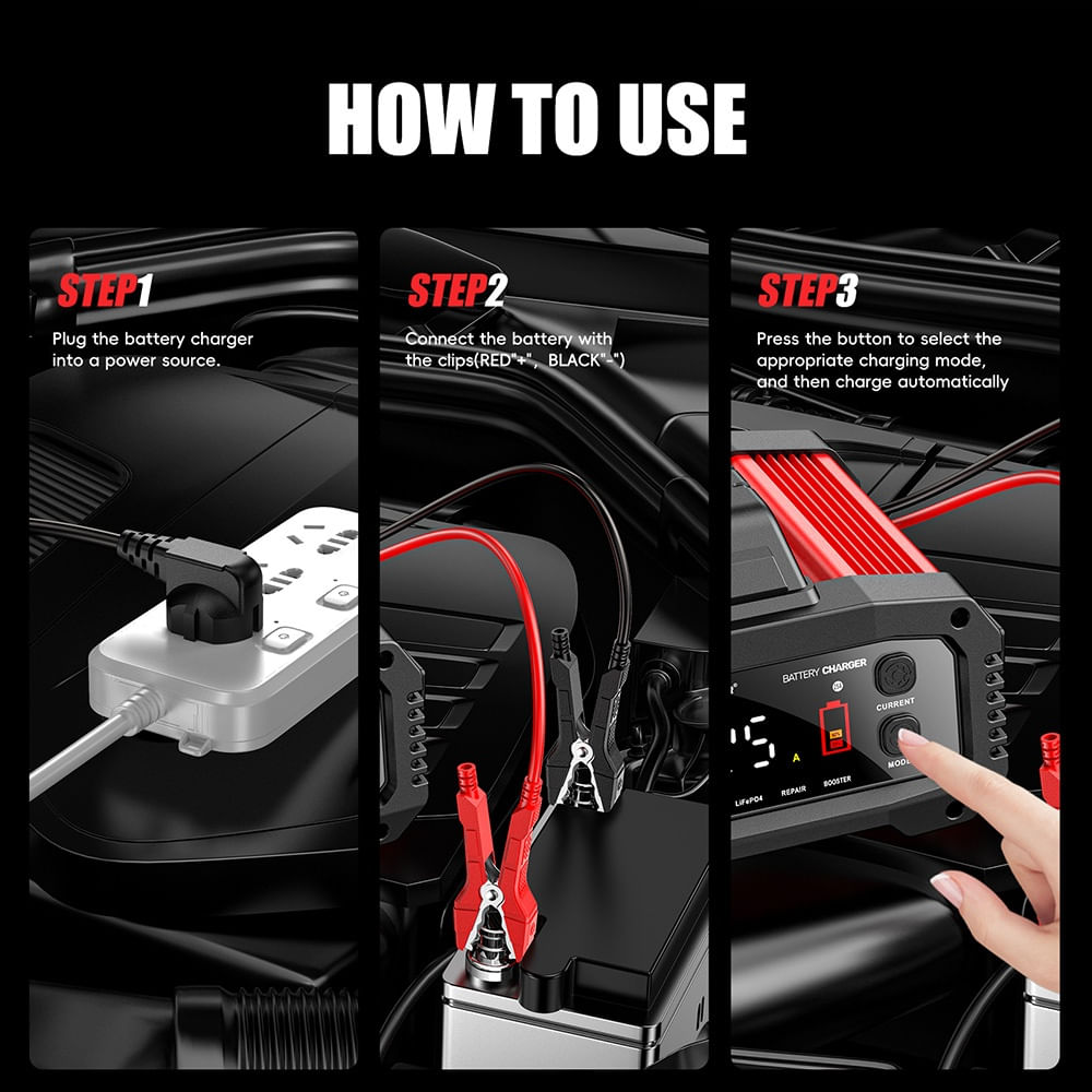 Redresor Incarcator Inteligent Baterii Auto Foxsur® FPT-250, compatibil AGM, GEL, EFB, LifFePO4, 25A, 12V/24V potrivit