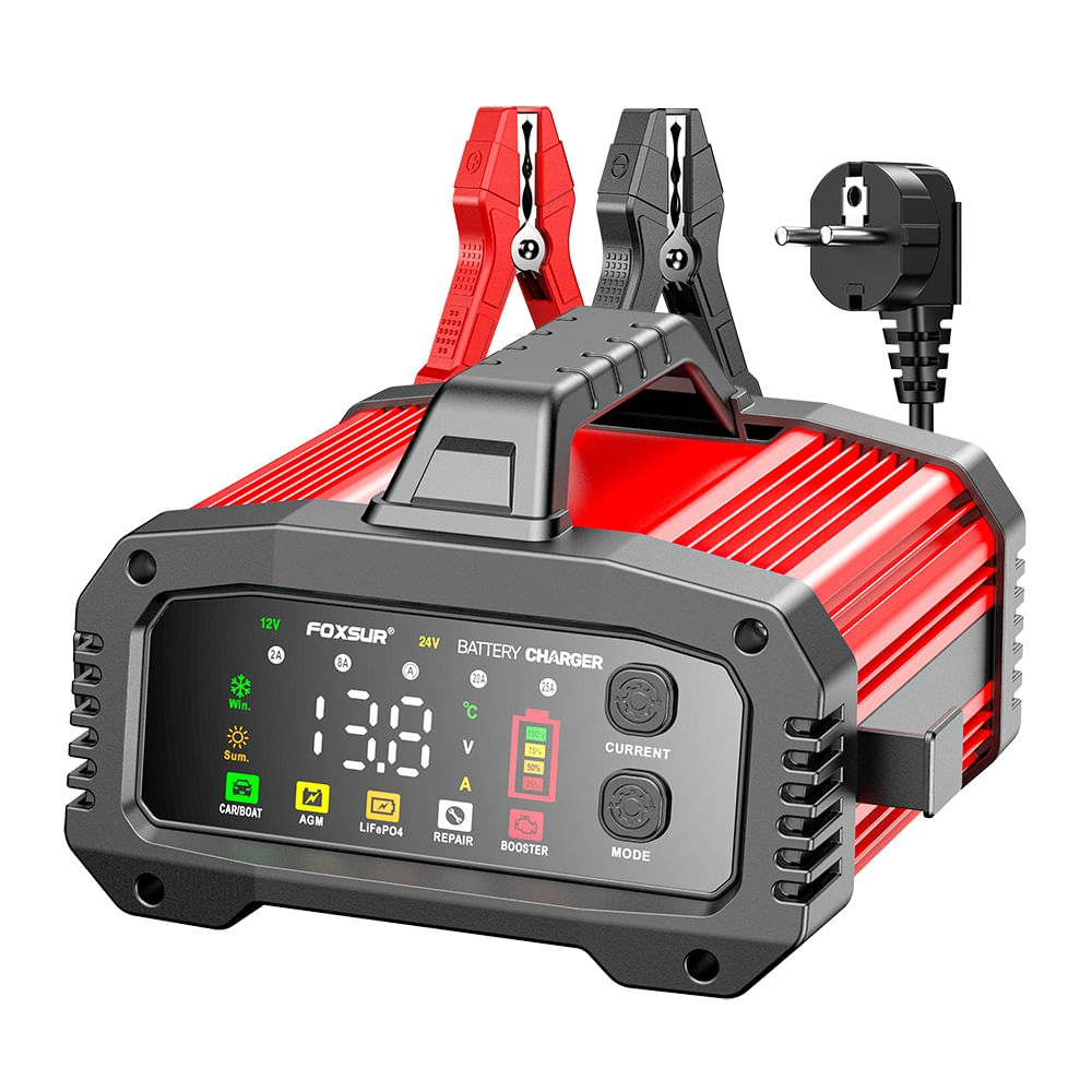 Redresor Incarcator Inteligent Baterii Auto Foxsur® FPT-250, compatibil AGM, GEL, EFB, LifFePO4, 25A, 12V/24V potrivit