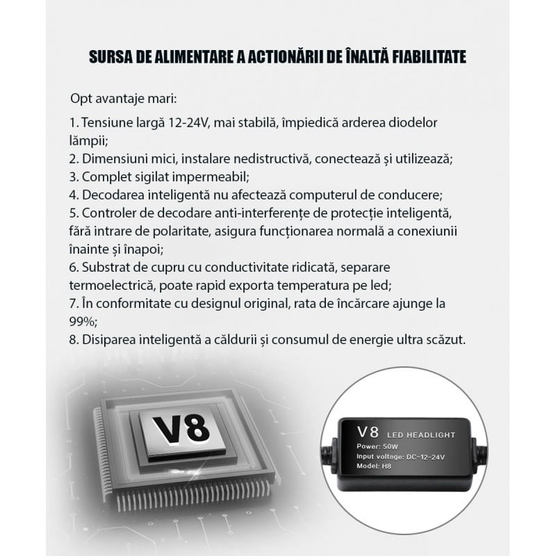 Set 2 LED-Uri Auto Techstar® V8, 9005, 120W, 12-24V, 15000 Lumeni, 6000K, Unghi Fascicul 360°, CSP 3570, Canbus - 3 | YEO