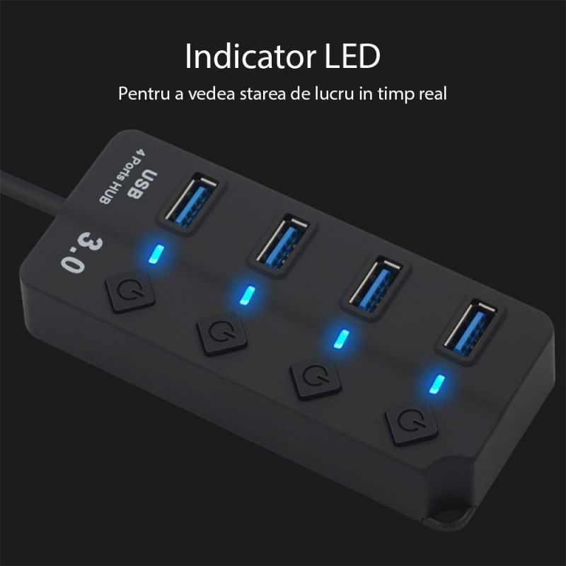 Hub USB cu 4 porturi Techstar® HUBA0701, 1 x USB 3.0, 3 x USB 2.0, indicator LED pentru putere, comutator independent