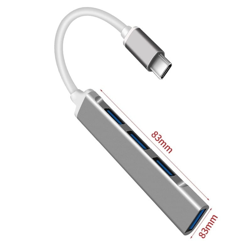 USB HUB Techstar® Diviso, USB Type-C la 4 x USB 3.0, Aluminium, Compact, Usor, OTG, Argintiu