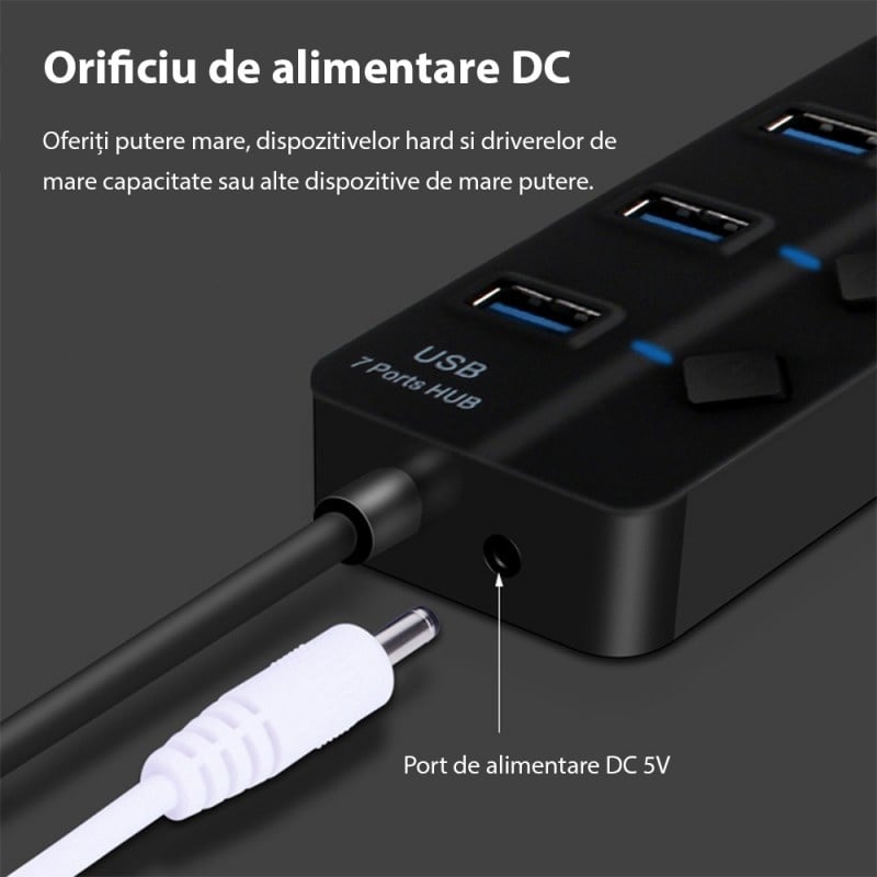 Hub USB cu 7 porturi Techstar® HUBA2401, 7 x USB 2.0, indicator LED pentru putere, comutator independent, Negru