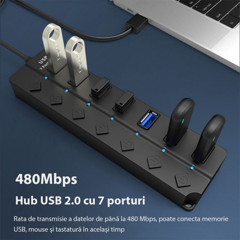 Hub USB cu 7 porturi Techstar® HUBA2401, 7 x USB 2.0, indicator LED pentru putere, comutator independent, Negru - 1 | YEO