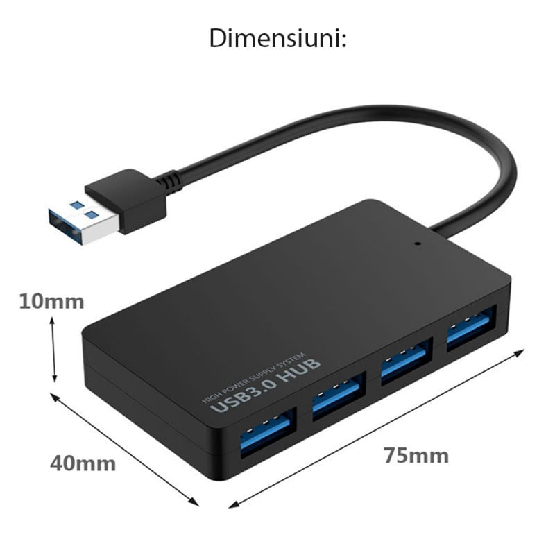 Hub USB cu 4 porturi Techstar® HUBA0402, 4 x USB 3.0, Transfer date de mare viteza 5Gbps, Negru
