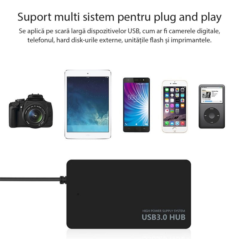 Hub USB cu 4 porturi Techstar® HUBA0402, 4 x USB 3.0, Transfer date de mare viteza 5Gbps, Negru - 2 | YEO