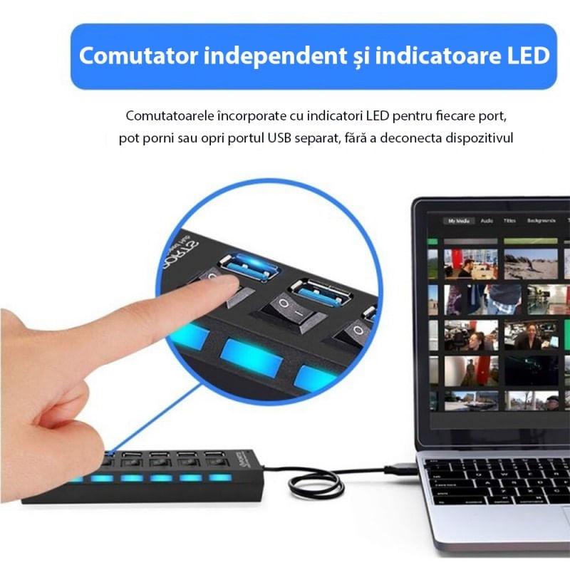 Hub USB Cu 7 Porturi Techstar® HUBA55, 1 X USB 3.0, 6 X USB 2.0, Indicator LED Putere, Comutator Independent, PC - 4 | YEO