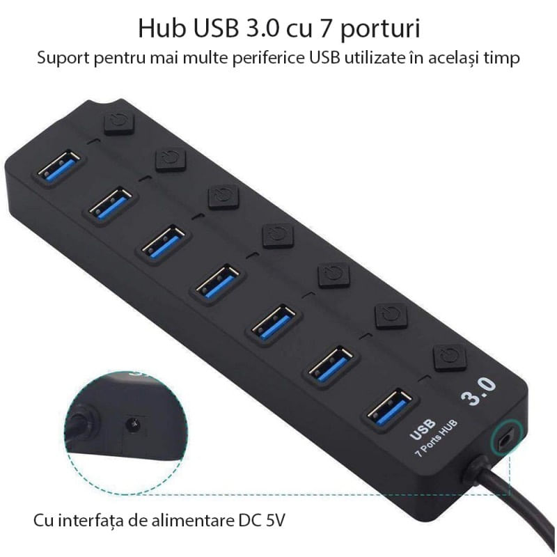 Hub USB cu 7 porturi Techstar® HUBA2402, 1 x USB 3.0, 6 x USB 2.0, indicator LED pentru putere, comutator independent