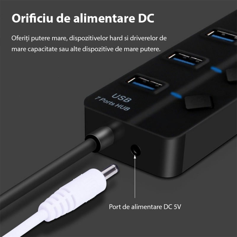 Hub USB cu 7 porturi Techstar® HUBA2402, 1 x USB 3.0, 6 x USB 2.0, indicator LED pentru putere, comutator independent - 2 | YEO