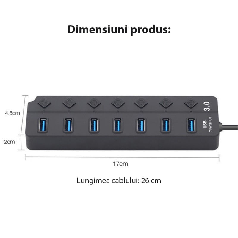 Hub USB cu 7 porturi Techstar® HUBA2402, 1 x USB 3.0, 6 x USB 2.0, indicator LED pentru putere, comutator independent - 4 | YEO
