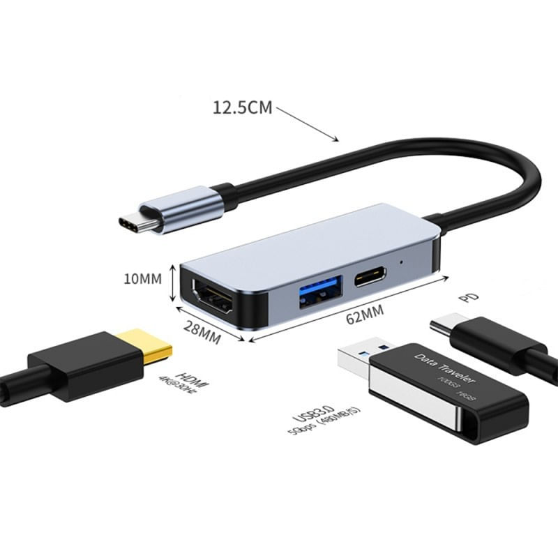 Adaptor multifunctional 3 in 1 USB-C la HDMI Techstar® CYC3IN1, HDMI 4K, 1 x USB 3.0, Compatibil MacBook Air si MacBook - 1 | YEO