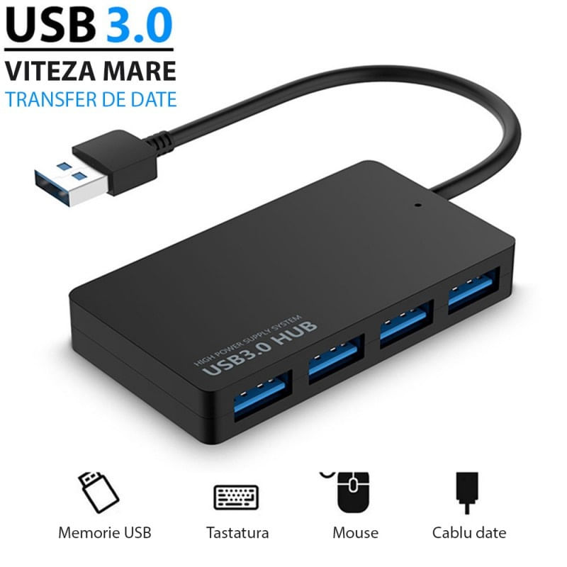 Hub USB cu 4 porturi Techstar® HUBA0401, 1 x USB 3.0, 3 x USB 2.0, Transfer date de mare viteza 5Gbps, Negru