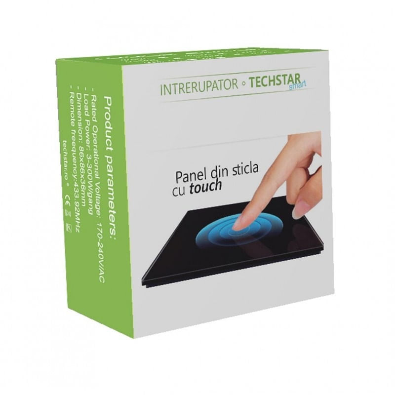 Intrerupator Smart Touch Techstar® TG02, Wireless 2.4GHz, Sticla Securizata, Design Modern, Iluminare LED, 1 Faza, Gri