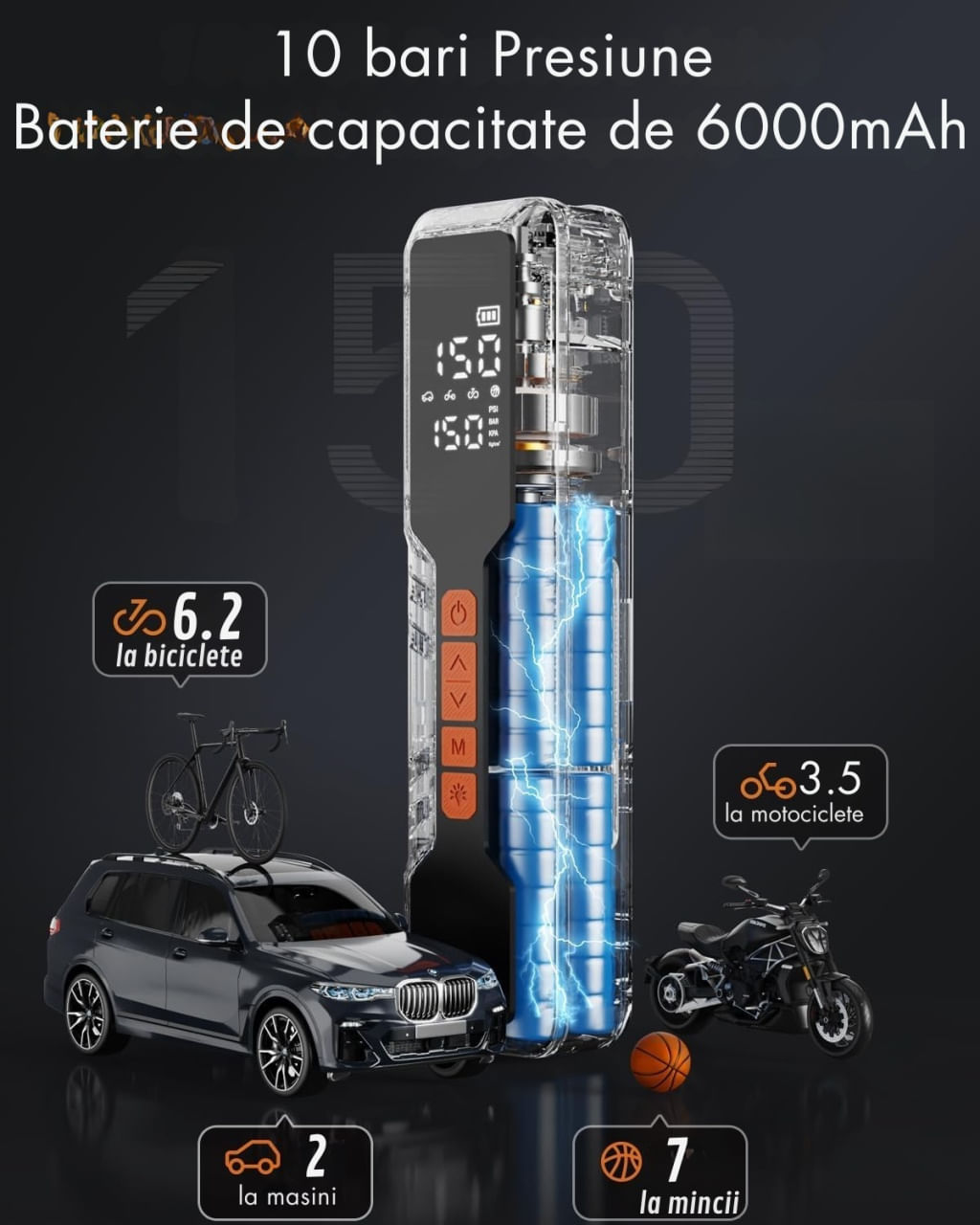 Compresor auto portabil Techstar LW-8018 cu afisaj digital LCD si lanterna LED, presiune maxima 10.3 bar (150 PSI)