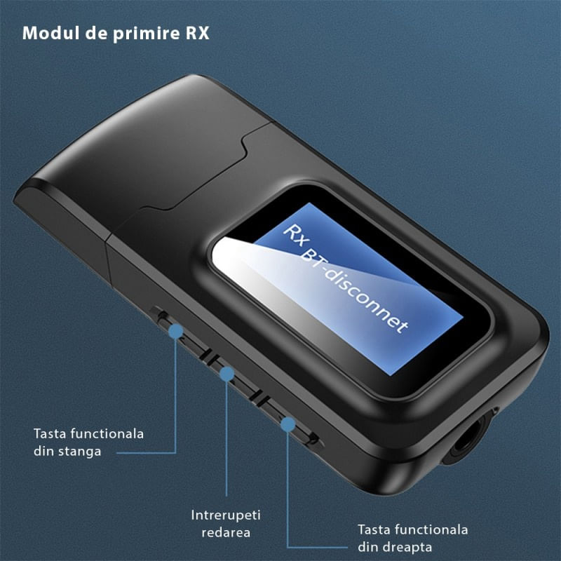 Transmitator receptor audio 2 in 1 Techstar® OT07, Bluetooth 5.0, Afisaj LCD, Port USB, AUX 3.5 mm, Compatibil TV